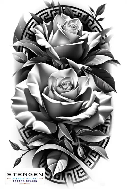Rose tattoo design with geometric mandala white background