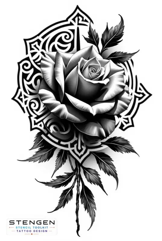 Rose tattoo design with geometric mandala white background