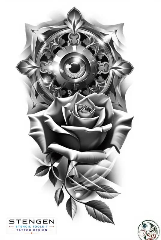 Rose tattoo design with geometric mandala white background