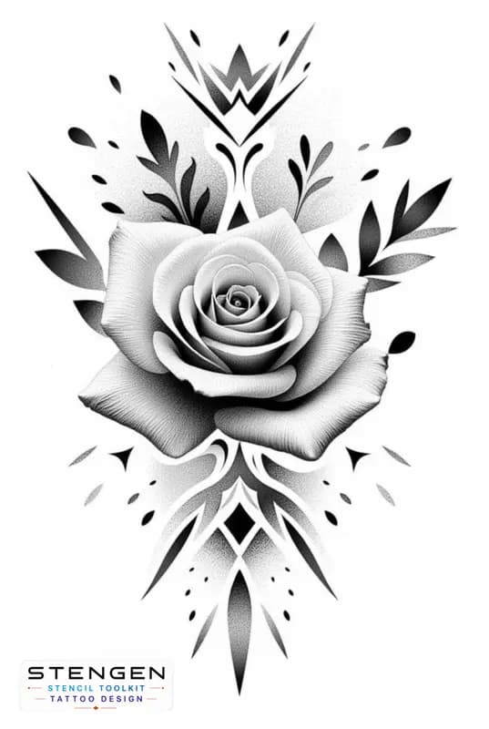 Rose tattoo design with geometric mandala white background