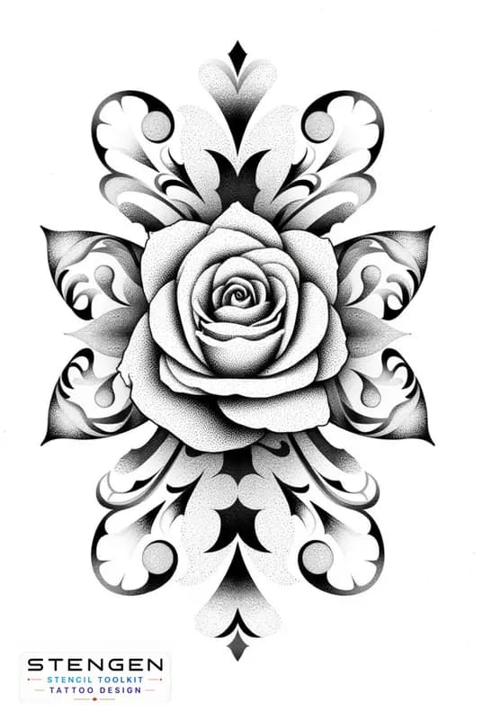 Rose tattoo design with geometric mandala white background