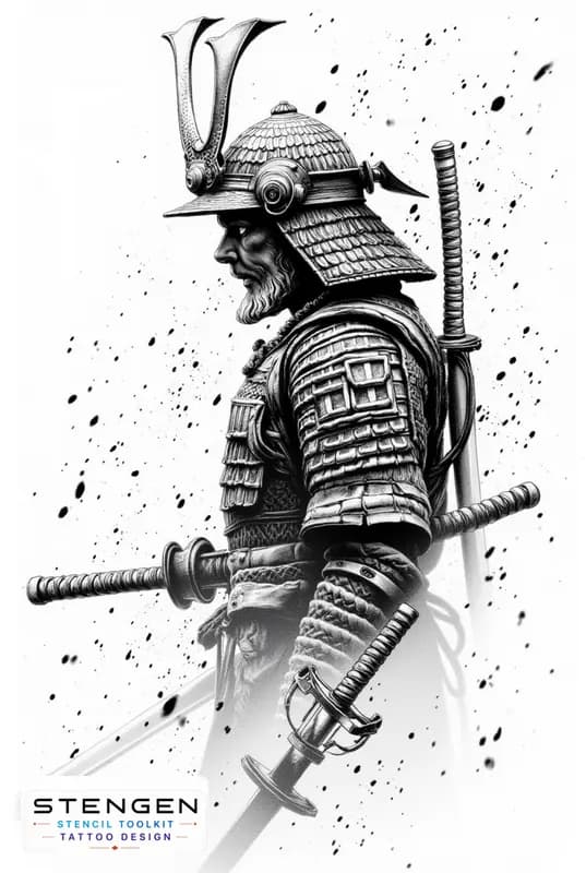 Rough tattoo sketch of a samurai warrior in a traditional pose wearing detailed armor and holding a