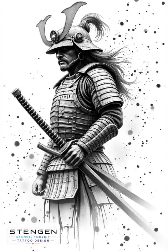 Rough tattoo sketch of a samurai warrior in a traditional pose wearing detailed armor and holding a