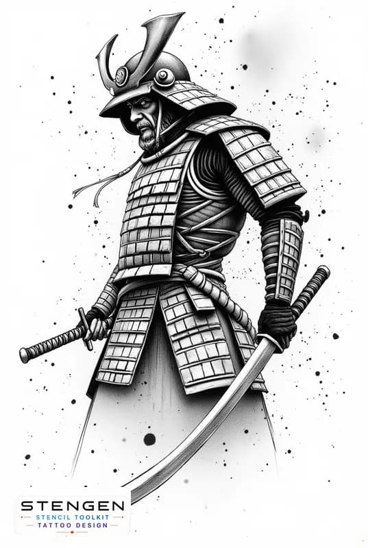Rough tattoo sketch of a samurai warrior in a traditional pose wearing detailed armor and holding a