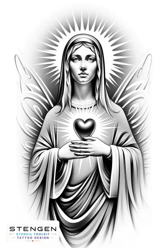 A sacred tattoo flash of nossa senhora holding the sacred heart in her hands fine ornamental backgr