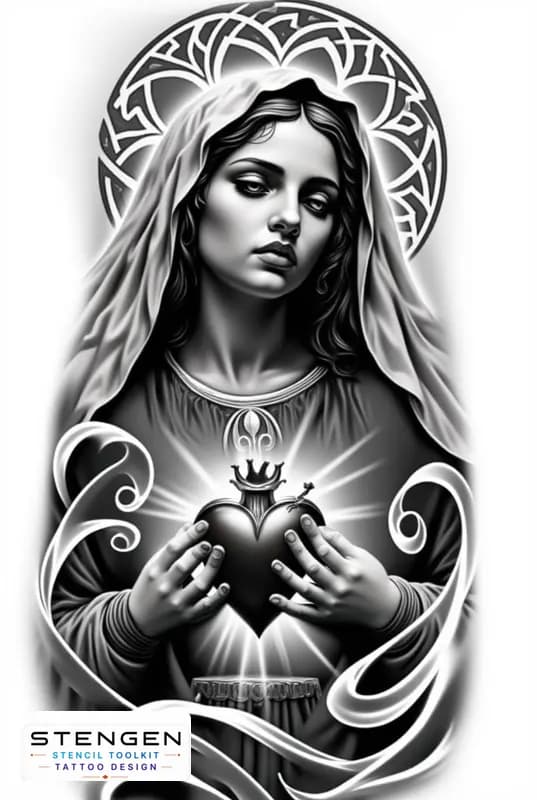 A sacred tattoo flash of nossa senhora holding the sacred heart in her hands fine ornamental backgr