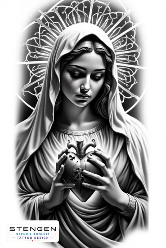 A sacred tattoo flash of nossa senhora holding the sacred heart in her hands fine ornamental backgr
