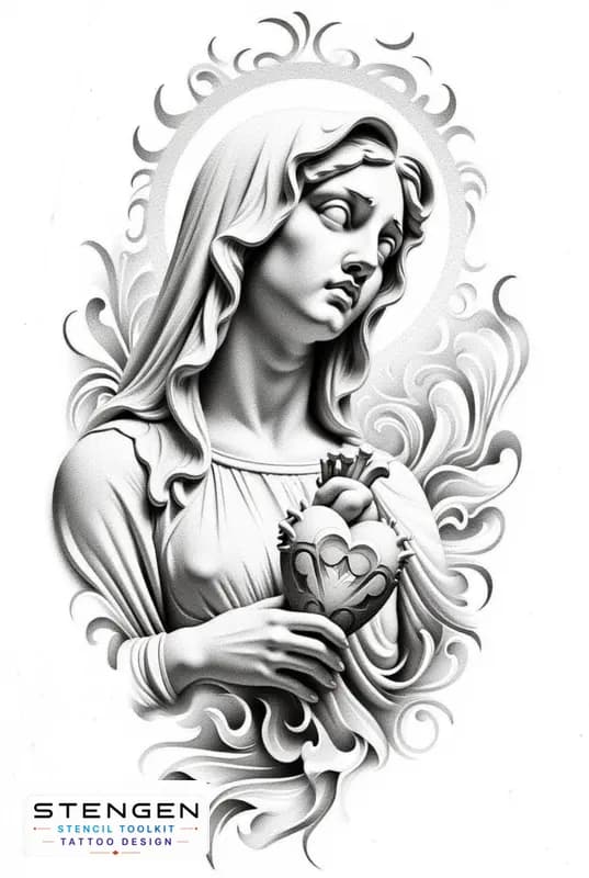 A sacred tattoo flash of nossa senhora holding the sacred heart in her hands fine ornamental backgr