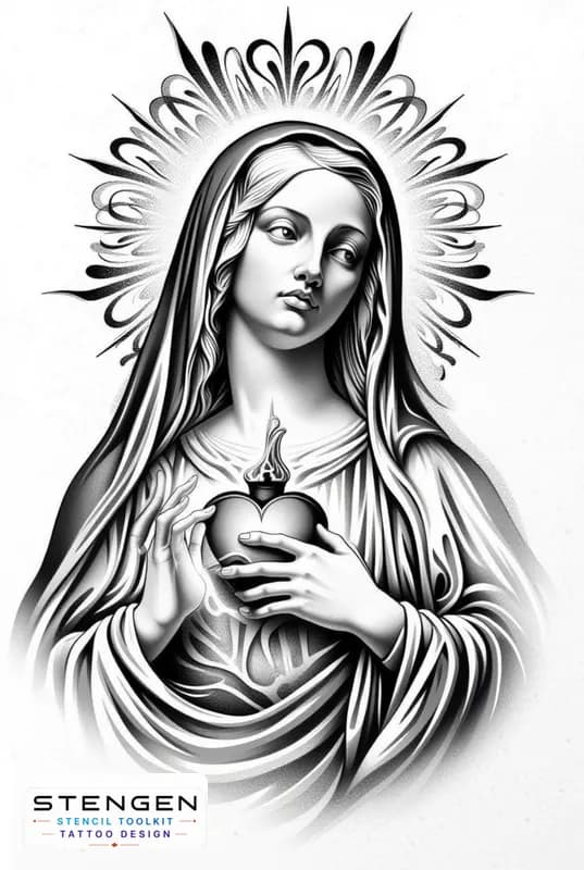 A sacred tattoo flash of nossa senhora holding the sacred heart in her hands fine ornamental backgr