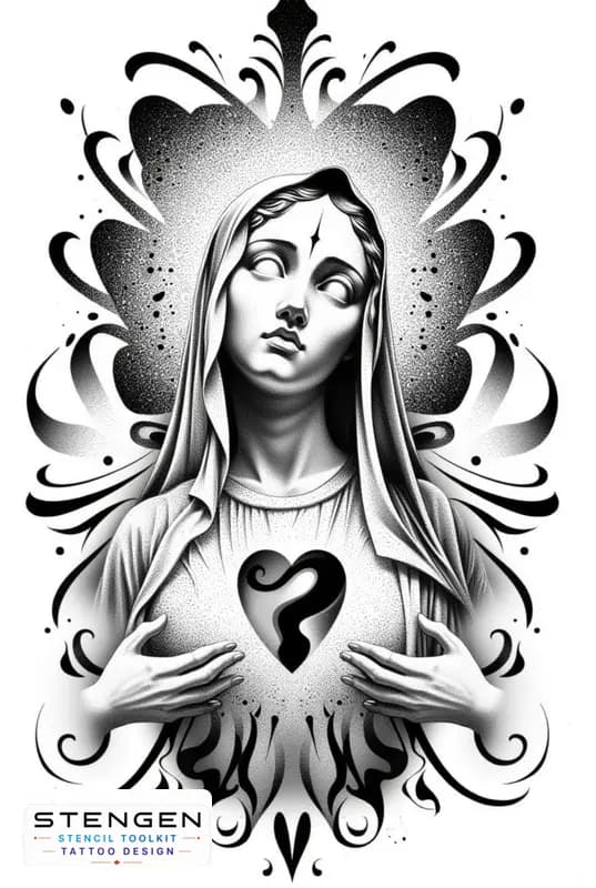 A sacred tattoo flash of nossa senhora holding the sacred heart in her hands fine ornamental backgr