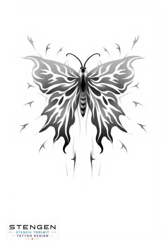 Tattoo sketch of a gothic butterfly black and grey ink soft shadows high contrast botanical element