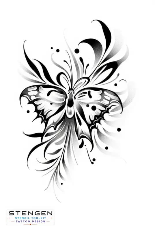 Tattoo sketch of a gothic butterfly black and grey ink soft shadows high contrast botanical element