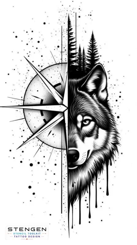 Split tattoo design left side shows a geometric compass rose with bold clean lines and ink splatte