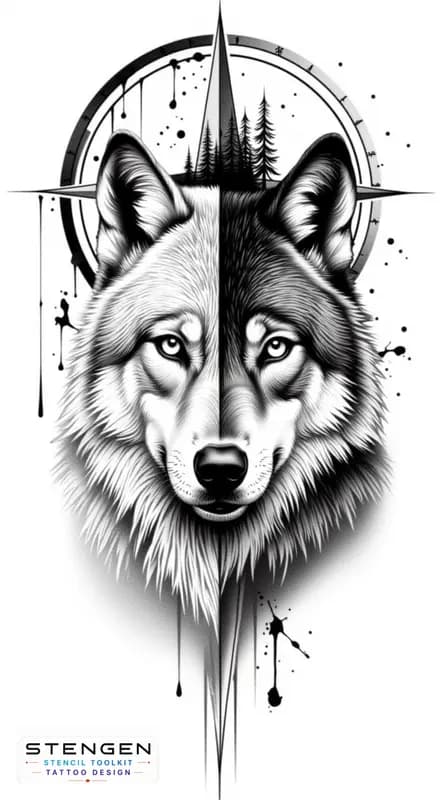 Split tattoo design left side shows a geometric compass rose with bold clean lines and ink splatte