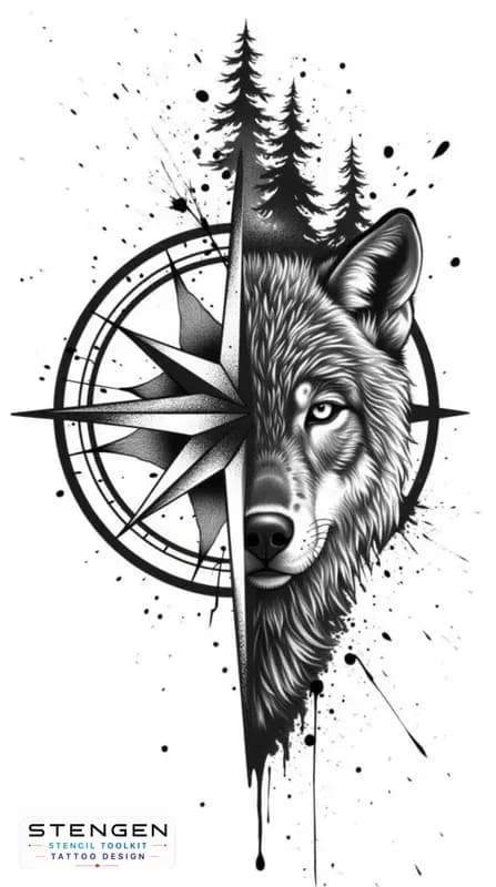 Split tattoo design left side shows a geometric compass rose with bold clean lines and ink splatte