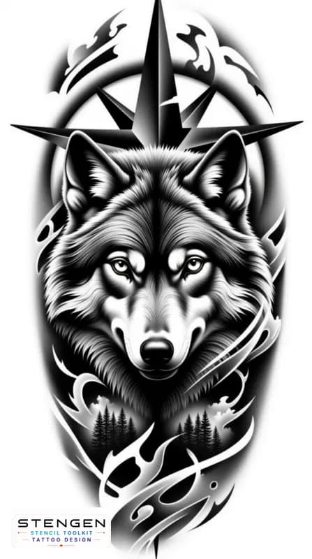 Split tattoo design left side shows a geometric compass rose with bold clean lines and ink splatte