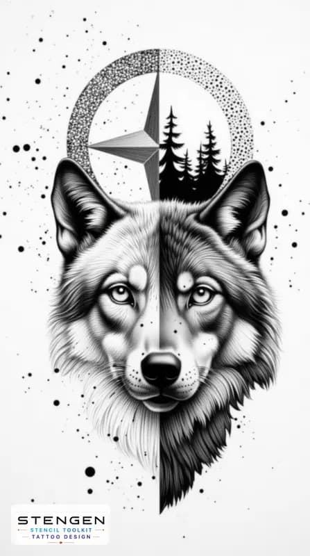 Split tattoo design left side shows a geometric compass rose with bold clean lines and ink splatte