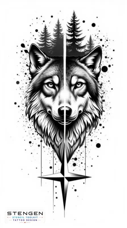 Split tattoo design left side shows a geometric compass rose with bold clean lines and ink splatte