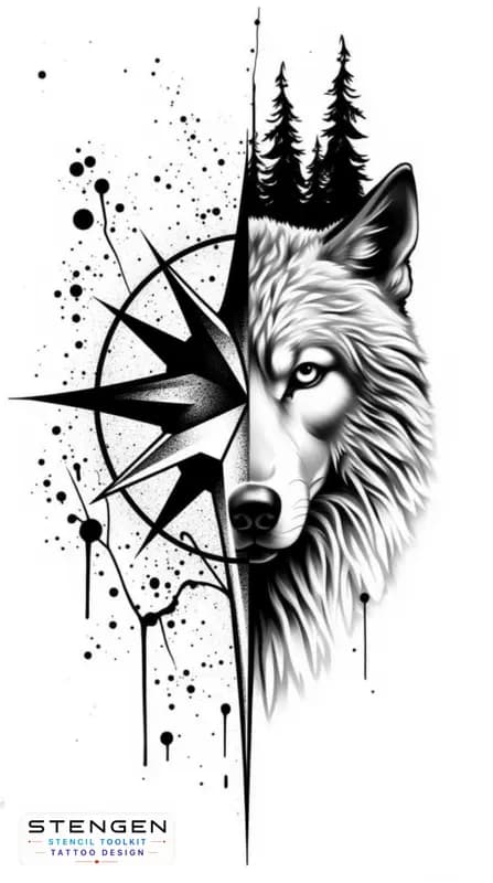 Split tattoo design left side shows a geometric compass rose with bold clean lines and ink splatte