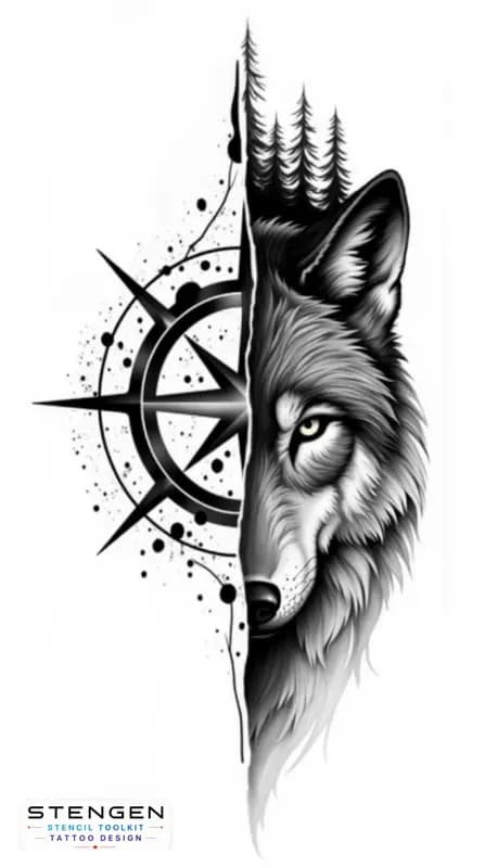 Split tattoo design left side shows a geometric compass rose with bold clean lines and ink splatte