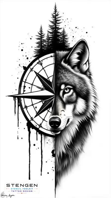 Split tattoo design left side shows a geometric compass rose with bold clean lines and ink splatte