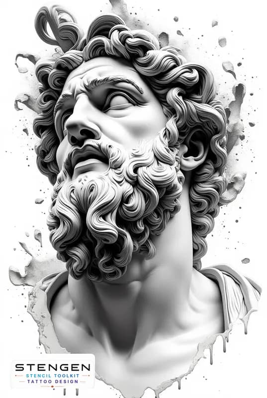 Ultra detailed black and gray tattoo design on white background of an ancient greek statue a highly
