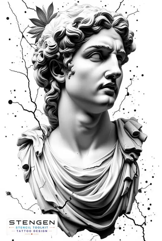 Ultra detailed black and gray tattoo design on white background of an ancient greek statue a highly