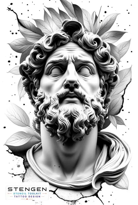 Ultra detailed black and gray tattoo design on white background of an ancient greek statue a highly