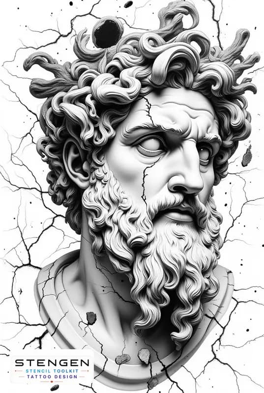 Ultra detailed black and gray tattoo design on white background of an ancient greek statue a highly