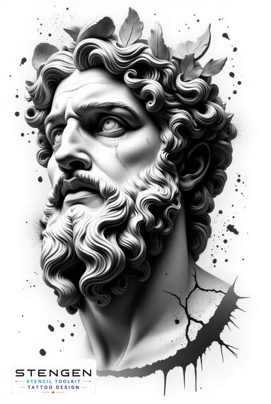 Ultra detailed black and gray tattoo design on white background of an ancient greek statue a highly