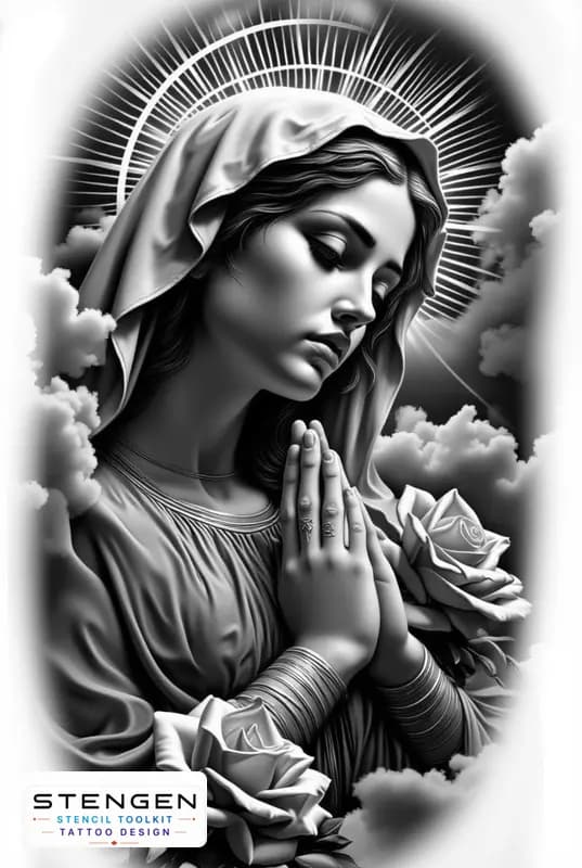 Imagine prompt ultra realistic tattoo sketch of nossa senhora virgin mary frontal portrait soft di