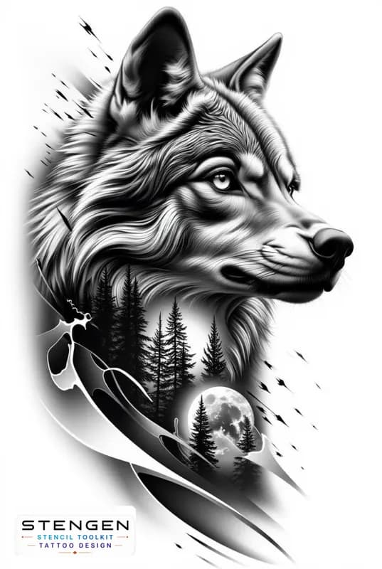 Ultra detailed tattoo design of a realistic wolf in profile with a double exposure forest and full