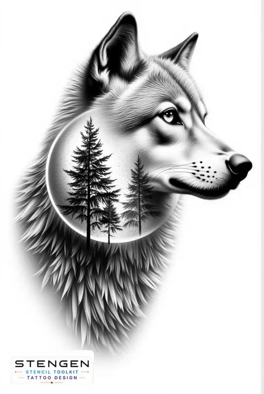 Ultra detailed tattoo design of a realistic wolf in profile with a double exposure forest and full