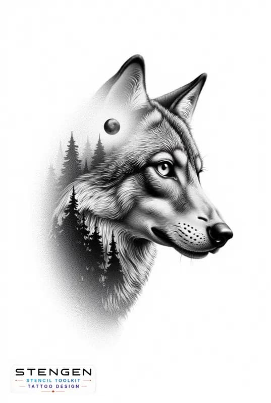 Ultra detailed tattoo design of a realistic wolf in profile with a double exposure forest and full