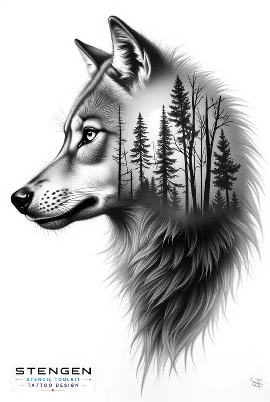 Ultra detailed tattoo design of a realistic wolf in profile with a double exposure forest and full