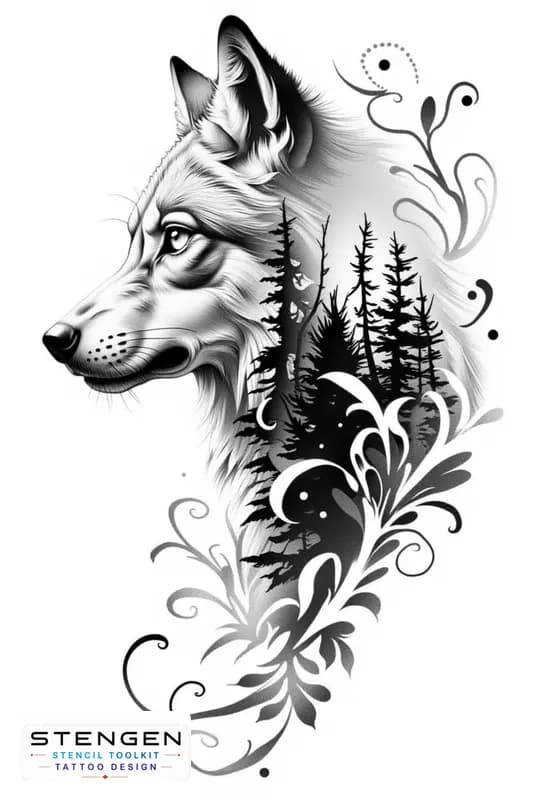 Ultra detailed tattoo design of a realistic wolf in profile with a double exposure forest and full