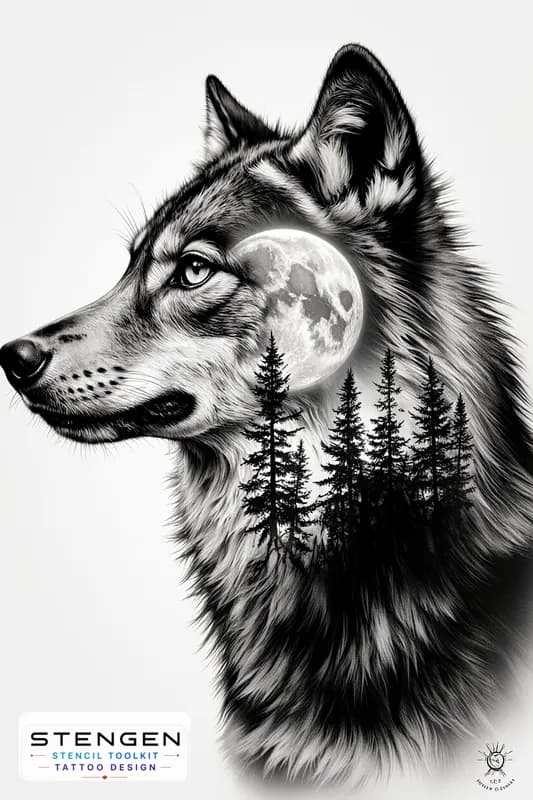 Ultra detailed tattoo design of a realistic wolf in profile with a double exposure forest and full
