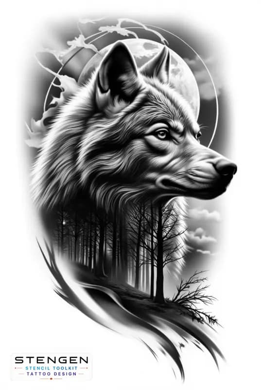 Ultra detailed tattoo design of a realistic wolf in profile with a double exposure forest and full