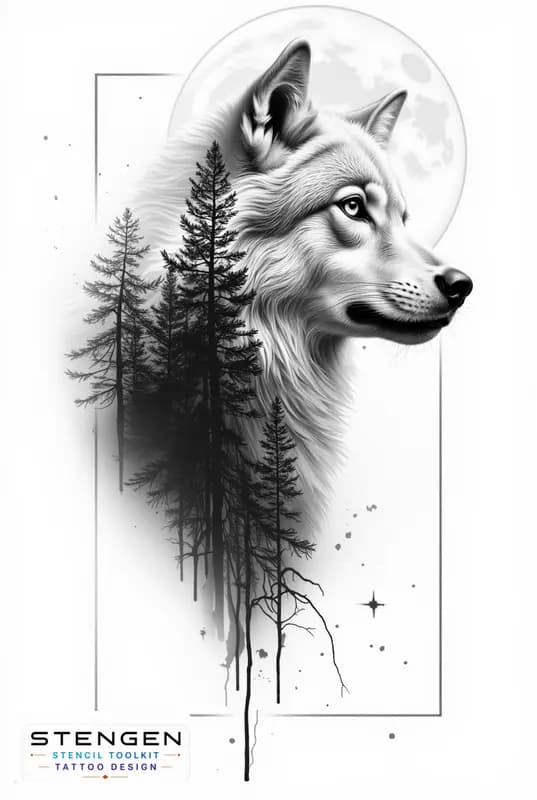 Ultra detailed tattoo design of a realistic wolf in profile with a double exposure forest and full