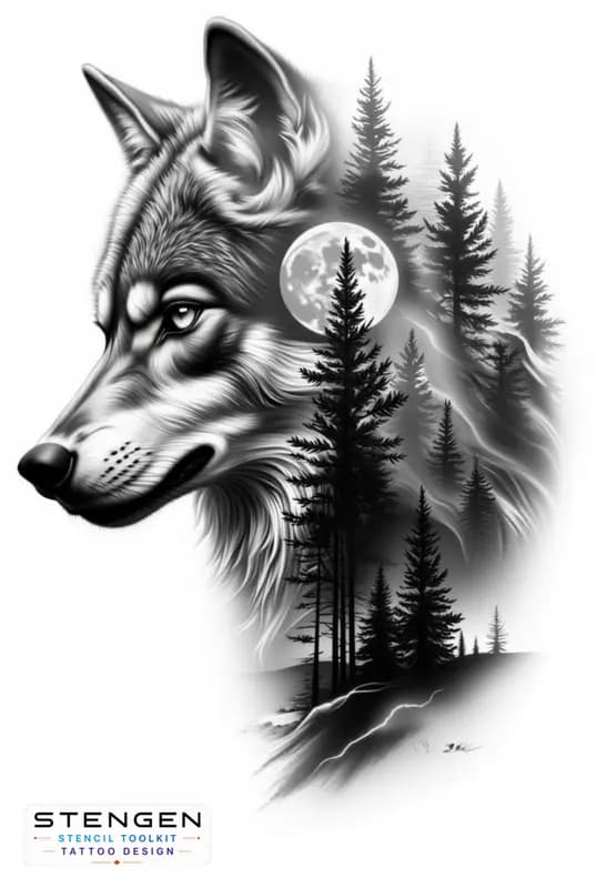 Ultra detailed tattoo design of a realistic wolf in profile with a double exposure forest and full