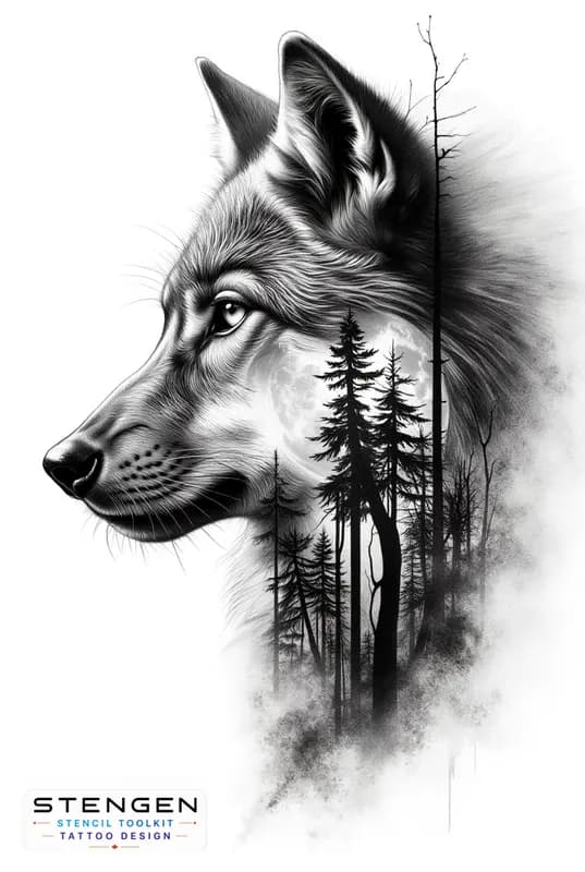 Ultra detailed tattoo design of a realistic wolf in profile with a double exposure forest and full