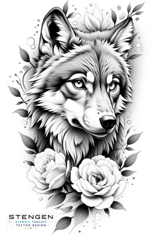 Wolf with roses tattoo design detailed design neotraditional female design