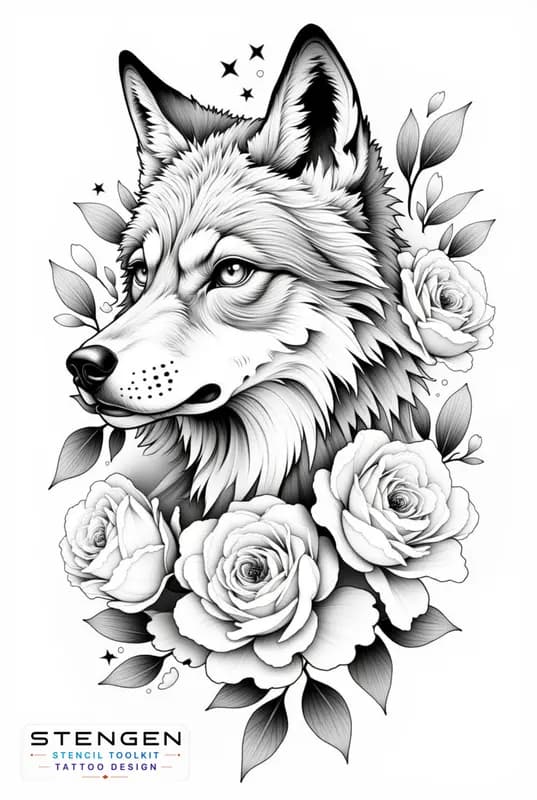 Wolf with roses tattoo design detailed design neotraditional female design