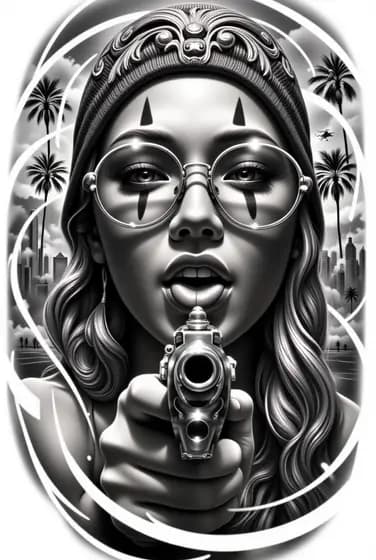 Chicano girl with glasses and gold jewelry tattoo sketch
