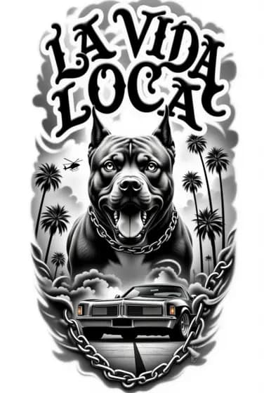 Chicano lettering La Vida Loca with pitbull tattoo design