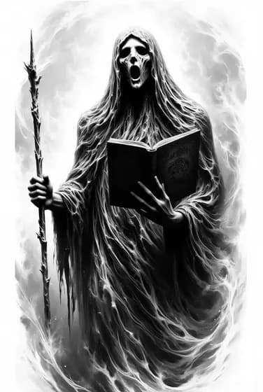 Dark witch with ancient grimoire and candlelight tattoo design