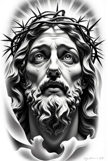 Black and grey Jesus Christ with crown of thorns tattoo sketch