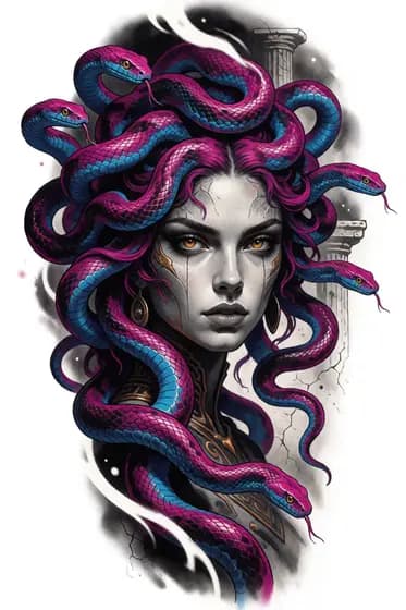 Color Medusa tattoo design with purple and blue snakes