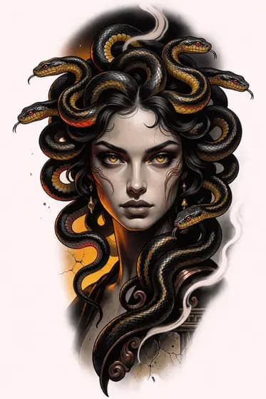 Neo-traditional Medusa tattoo design with black and gold snakes