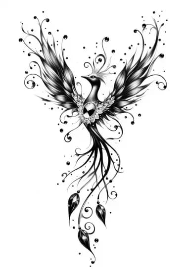 Realistic black and grey phoenix tattoo design with spread wings